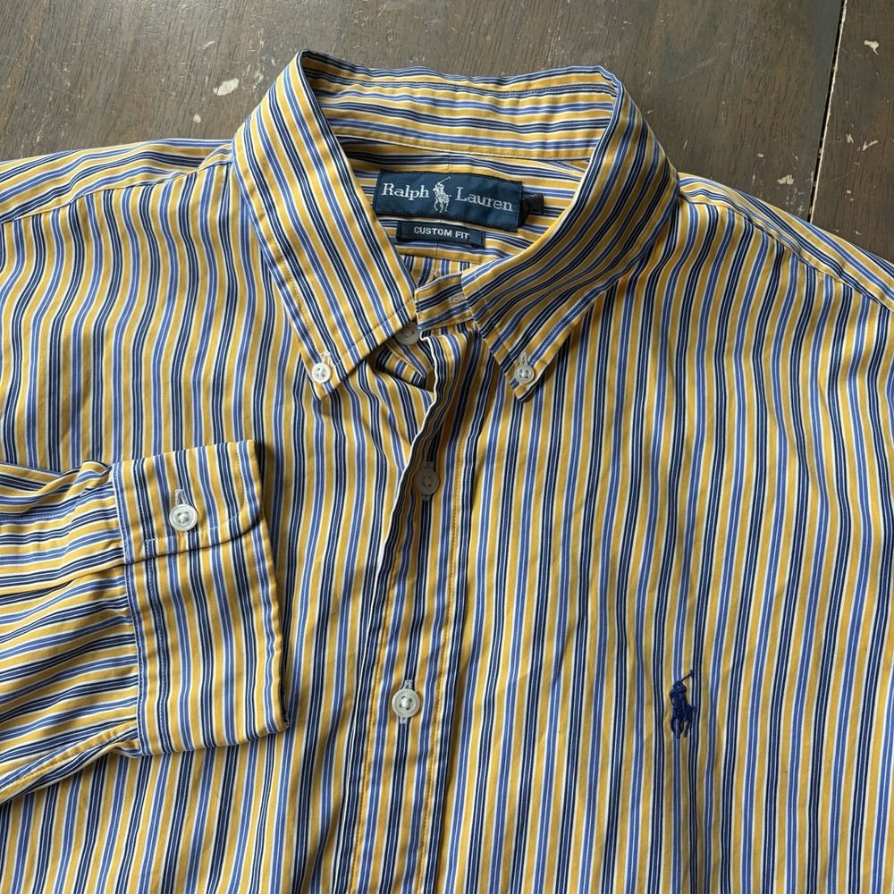 Ralph Lauren Mens Custom Fit Striped Button Down Shirt Yellow Navy Men's XL